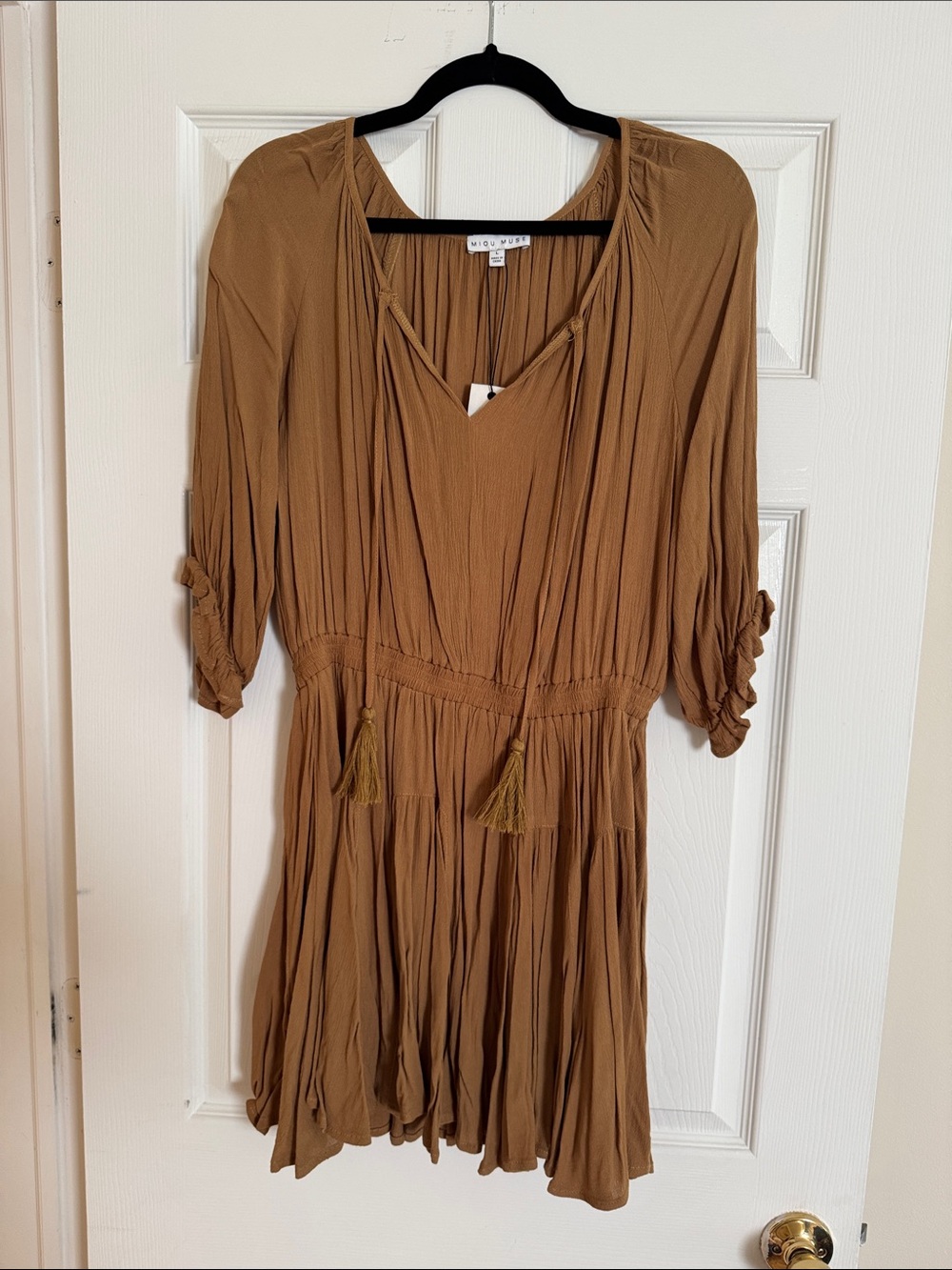 Woven Mini Dress with Tassel Tie - Brown